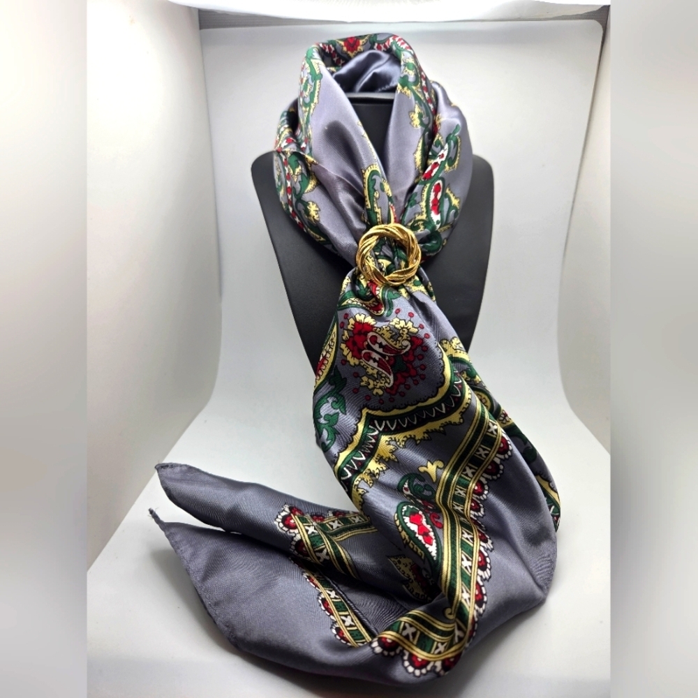 Vintage Scarf & Brooch Set Japan Royal Satin Acetate Hand Printed W/Scaft Brooch